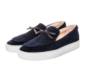 Navy Suede Slip-On Loafers – Bow Accent & White Sole Elegance