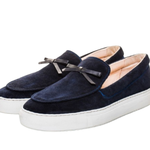 Navy Suede Slip-On Loafers – Bow Accent & White Sole Elegance